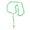 Long Neon Green Bead Cross Rosary Necklace - 80cm Length