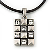 Burn Silver Crystal Square Pendant With Black Leather Style Cord - 38cm Length