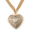 Romantic Etched Heart Locket Pendant With 44cm L/ 6cm Ext Gold Tone Double Chain