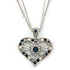 Open, Filigree Crystal Heart Pendant With Double Chain In Silver Tone - 38cm L/ 5cm Ext