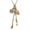 Vintage Inspired Flower, Leaf, Freshwater Pearl Charms Necklace In Antique Gold Metal - 38cm Length/ 8cm Extension