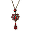 Vintage Inspired Red/ Cranberry Charm Heart Pendant With Double Bronze Tone Chains - 44cm L/ 7cm Ext