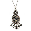 Victorian Style Black Enamel, Floral Charm Pendant With 80cm L Pewter Tone Chain