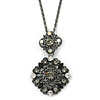 Victorian Style Crystal Double Square Pendant With 44cm L Gun Metal Chain