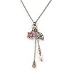 Vintage Inspired Pink Flower, Leaf, Freshwater Pearl Charms Necklace In Antique Silver Metal - 38cm Length/ 8cm Extension