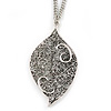 Vintage Inspired Antique Silver Filigree Leaf Pendant with Silver Tone Chain - 86cm L