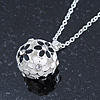 Black, White Enamel, Crystal Flower Ball Pendant With Silver Tone Chain - 40cm Length/ 5cm Extension
