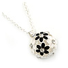 Black, White Enamel, Crystal Flower Ball Pendant With Silver Tone Chain - 40cm Length/ 5cm Extension