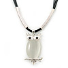 Cat Eye Owl Pendant On Black Waxed Cords In Silver Tone Metal - 38cm Length/ 5cm Extension