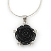 Black Acrylic Rose Pendant With Silver Tone Snake Chain - 40cm Length/ 5cm Extension