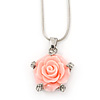 Pink Acrylic Rose Pendant With Silver Tone Snake Chain - 40cm Length/ 5cm Extension