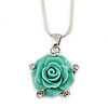 Mint Green Acrylic Rose Pendant With Silver Tone Snake Chain - 40cm Length/ 5cm Extension