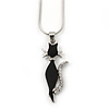 Black Crystal Cat Pendant With Snake Chain In Silver Tone - 40cm Length/ 5cm Extension