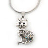 Crystal Kitty Pendant With Silver Tone Snake Chain - 40cm Length/ 4cm Extension