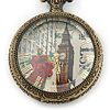 Antique Bronze Tone Big Ben & Roses Motif Quartz Pocket Watch Pendant Necklace - 45mm D/ 80cm L