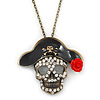 Crystal Skull In The Pirate Hat Pendant With Long Bronze Tone Chain - 80cm Length
