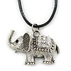 Clear Crystal Elephant Pendant With Black Leather Cord In Burnt Silver Tone - 40cm L/ 4cm Ext