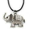 Clear Crystal Elephant Pendant With Black Leather Cord In Burnt Silver Tone - 40cm L/ 4cm Ext