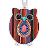 Funky Multicoloured Fabric with Acrylic Bead Owl Pendant, with Long Silver Tone Chain - 80cm L