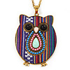 Funky Multicoloured Fabric with Acrylic Bead Owl Pendant, with Long Gold Tone Chain - 80cm L