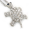 Rhodium Plated Clear Crystal Turtle Pendant with Long Chain - 66cm L/ 10cm Ext