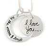 'I love you...to the moon & back' Inscription Silver Tone Double Sided Medallion & Moon Pendant and Chain - 40cm L/ 5cm Ext