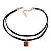 Black Double Black Faux Suede Cord Choker Necklace with Red Square Glass Bead Pendant - 33cm L/ 5cm Ext