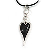 Black Resin Silver Tone Contemporary Heart Pendant with Black Leather Cord - 76cm L/ 5cm Ext