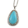 Large Teardrop Shape Turquoise Stone Medallion with Long Thick Silver Tone Chain - 66cm L/ 4cm Ext