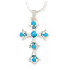 Light Blue Bead, Crystal Cross Pendant with Silver Tone Snake Type Chain - 44cm L/ 4cm Ext