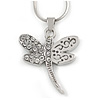 Delicate Crystal Drafonfly Pendant with Snake Type Chain In Silver Tone - 40cm L/ 5cm Ext