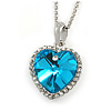 Romantic Sky Blue/ Clear Crystal Heart Pendant with Silver Tone Chain - 41cm L/ 4cm Ext