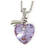 Amethyst Faceted Glass Heart Shape Pendant with Silver Tone Beaded Chain - 40cm L/ 5cm Ext