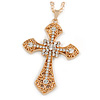 Large Crystal Filigree Cross Pendant with Chunky Long Chain In Gold Tone - 66cm L