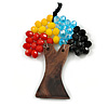 Multicoloured Glass Bead/ Brown Wood Tree Of Life Pendant with Black Cotton Cord - 76cm L