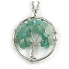 'Tree Of Life' Open Round Pendant Jade Semiprecious Stones with Silver Tone Chain - 44cm