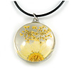 White/ Yellow Daisy Round Glass Pendant with Black Cord - 42cm L/ 5cm Ext