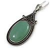 Victorian Style Green Aventurine Oval Pendant with Silver Tone Chain - 70cm Long