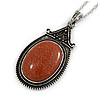 Victorian Style Brown Goldstone Oval Pendant with Silver Tone Chain - 70cm Long