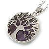 Round Amethyst Stone Tree Of Life Pendant with Silver Tone Chain - 70cm Long