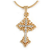 Small Clear Crystal Cross Pendant with Gold Tone Snake Type Chain - 44cm L/ 4cm Ext