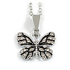 20mm Across/ Small Crystal Butterfly Pendant with Chain in Silver Tone - 40cm L/ 4cm Ext
