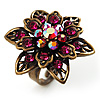 Bronze-Tone Crystal Flower Cocktail Ring (Magenta)