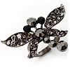 Rhodium Plated Diamante Dragonfly Fashion Ring (Jet Black)