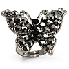 Black Tone Jet-Black Crystal Butterfly Ring
