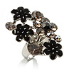 Large Enamel Crystal Floral Cocktail Ring (Black)