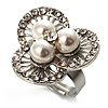 3 Petal Flower Faux Pearl Cocktail Ring (Silver Tone)