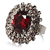 Hot Red Oval-Cut Cz Crystal Cocktail Ring (Silver Tone)