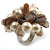 Faux Pearl & Shell Cluster Silver Tone Ring (Light Cream & Antique White)
