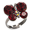 Small Ruby Red Coloured Crystal Butterfly Ring (Black Tone)